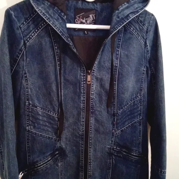 Oxygen Women's Hooded Long Moto Lined Denim Zip Up Jacket Pockets Small - Picture 5 of 14